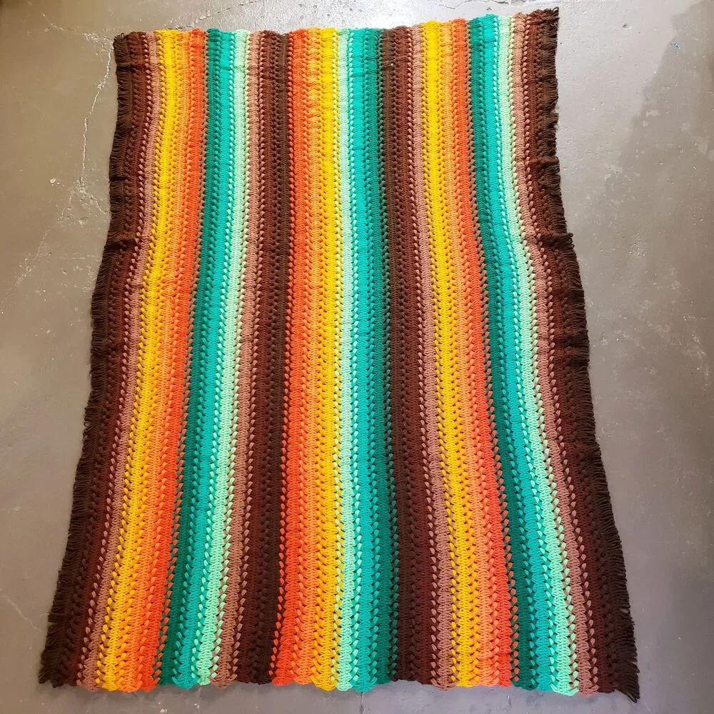 Vintage Afghan Crochet Throw Blanket Brown Green Orange Stripes Fringe MCM